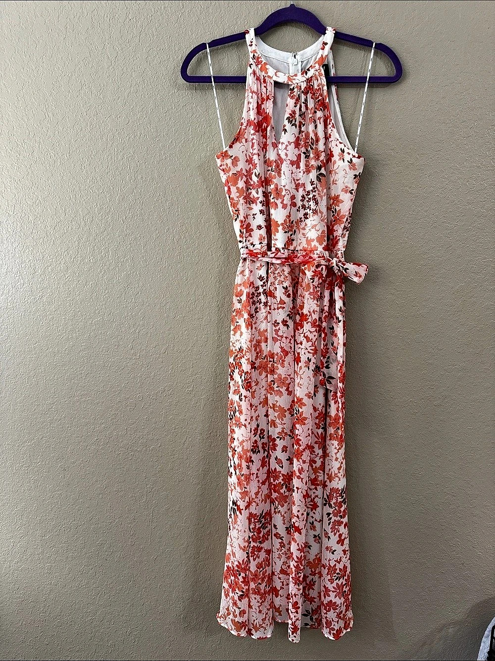 DKNY Floral Chiffon Halter Maxi Dress Pink & White Medium